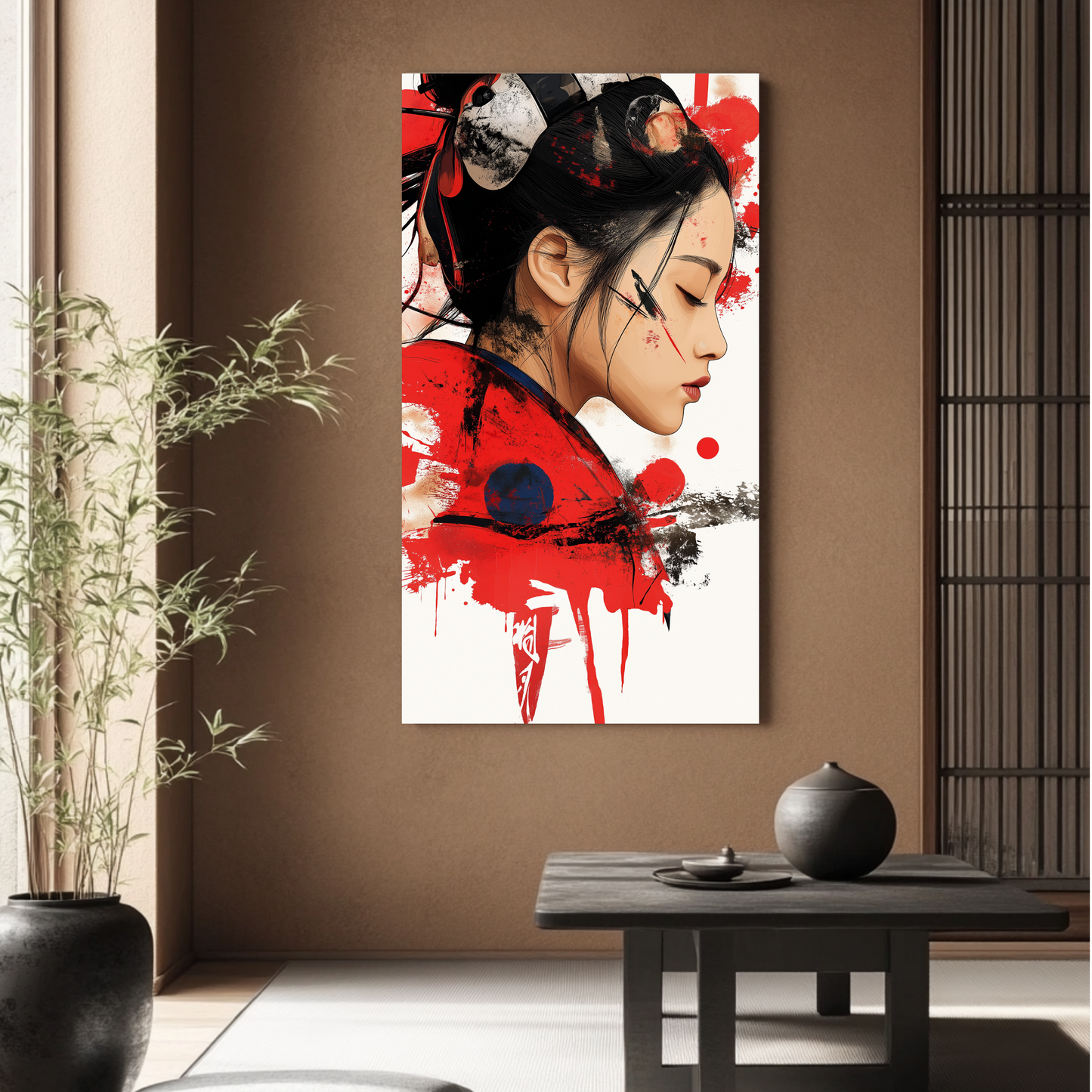 Crimson Bloom: The Warrior's Spirit – FRAMED CANVAS Wall Art