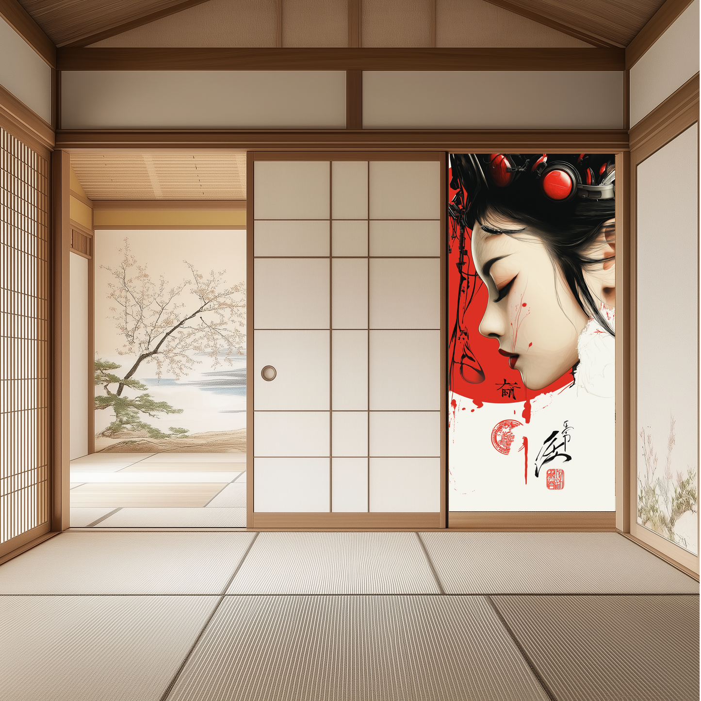 Silent Elegance: Cyber Geisha - FRAMED CANVAS