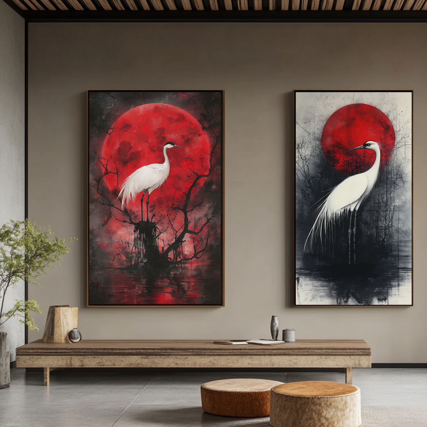 Echoes of the Red Moon: The Crane's Journey – FRAMED CANVAS Wall Art