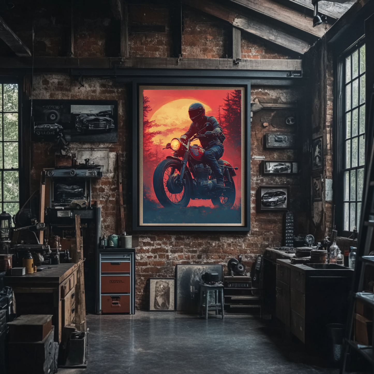 Biker Riding Motorcycle Forest Sunset –  METAL Wall Art