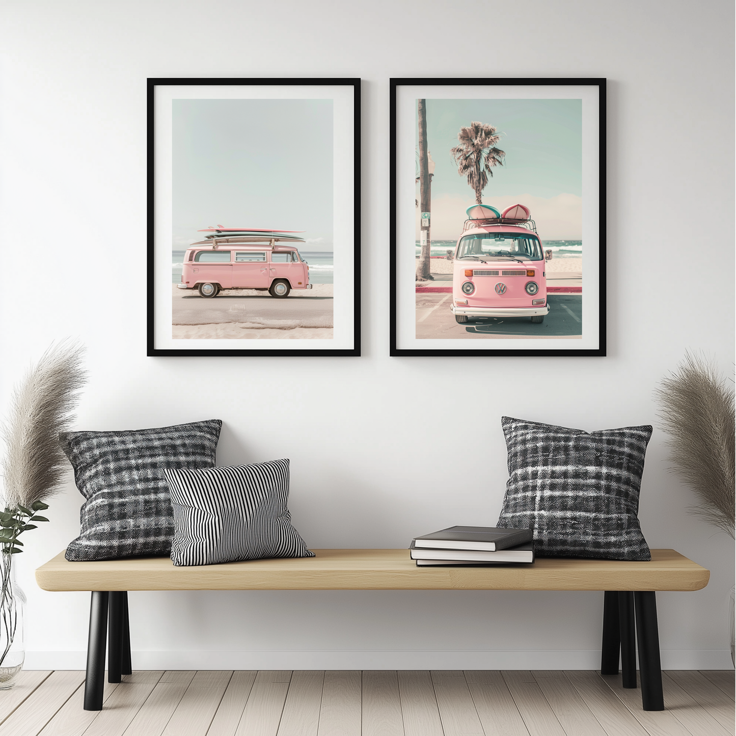 California Dreams: Pink VW Bus & Surfboards – FRAMED Retro Photography Print